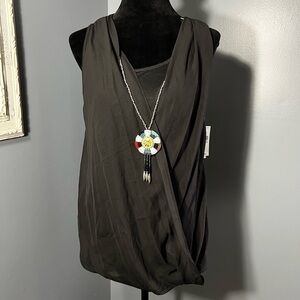 New Directions Black Faux Wrap Overlay Sleeveless Top Medallion Necklace NWT XL